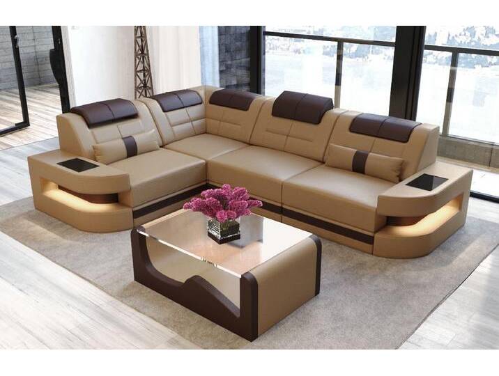 Sofa Dreams Ecksofa Leder Sofa Ledercouch Como L Form Ledersofa, Couch, mit LED, Designersofa, beige braun goldfarben von sofa-dreams