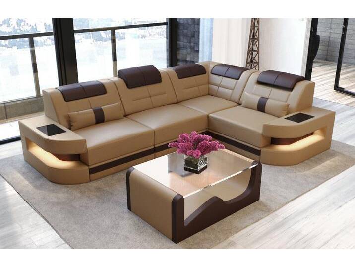 Sofa Dreams Ecksofa Leder Sofa Ledercouch Como L Form Ledersofa, Couch, mit LED, Designersofa, beige braun goldfarben von sofa-dreams