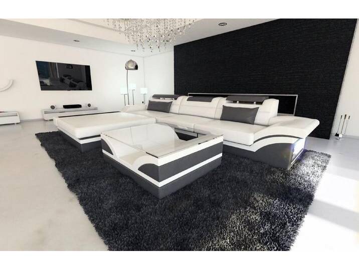 Sofa Dreams Ecksofa Leder Sofa Ledercouch Parma L Form Ledersofa, Couch, mit LED, Designersofa, grau weiß, Mit Bettfunktion-RGB-LED-Beleuchtung von sofa-dreams