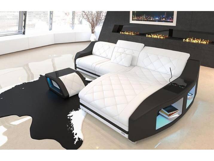 Sofa Dreams Ecksofa Ledercouch Leder Sofa Swing L Form Ledersofa, Couch, LED, schwarz weiß, Mit Bettfunktion-RGB-LED-Beleuchtung, weiß-schwarz von sofa-dreams