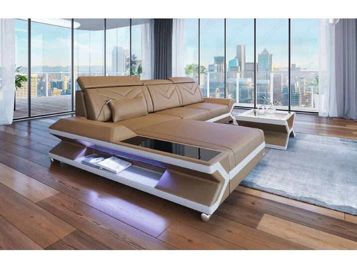 Sofa Dreams Ecksofa Ledercouch Ledersofa Napoli L Form Leder Sofa, Couch, mit LED, Designersofa, beige goldfarben von sofa-dreams