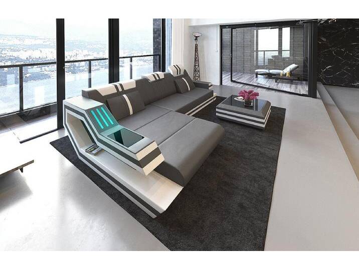 Sofa Dreams Ecksofa Ledercouch Ledersofa Ravenna L Form Leder Sofa, Couch, mit LED, Designersofa, grau schwarz, Mit Bettfunktion-RGB-LED-Beleuchtung von sofa-dreams
