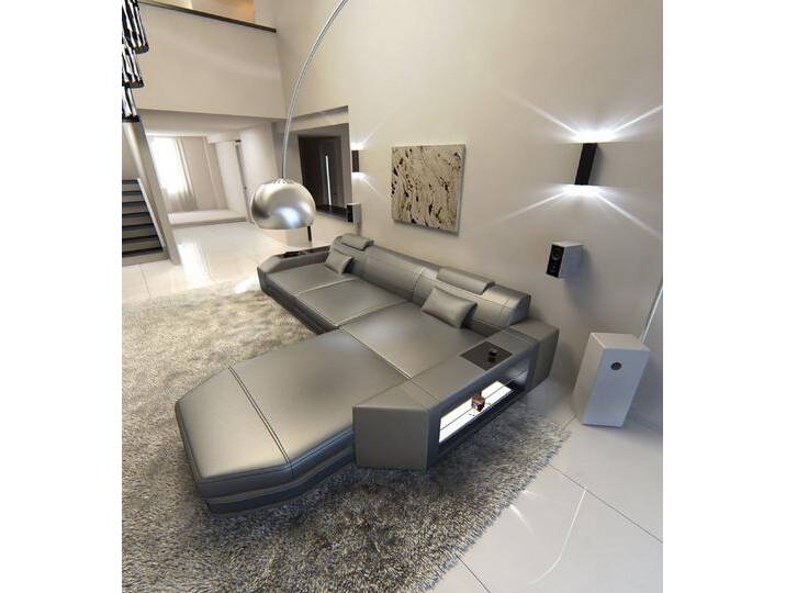 Sofa Dreams Ecksofa Ledercouch Sofa Leder Prato L Form Ledersofa, Couch, mit LED, Designersofa, grau, Mit Bettfunktion-RGB-LED-Beleuchtung, grau von sofa-dreams