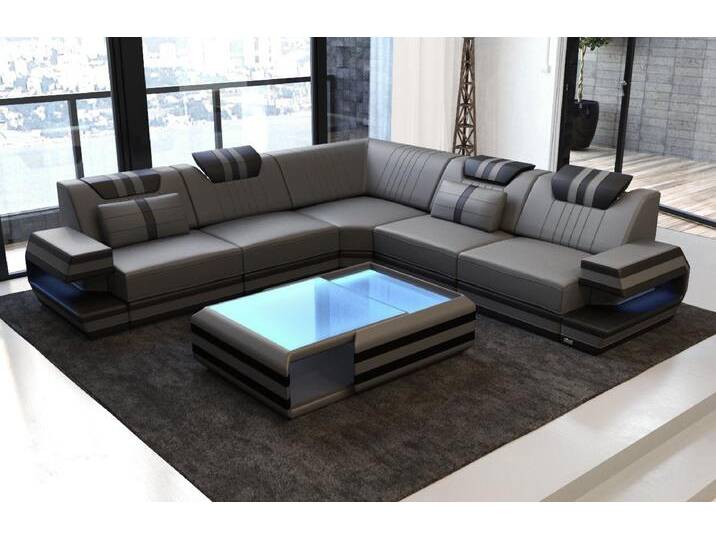 Sofa Dreams Ecksofa Ledercouch Sofa Leder Ragusa L Form Ledersofa, Couch, mit LED, Designersofa, grau schwarz, Rechts - vor dem Sofa stehend von sofa-dreams