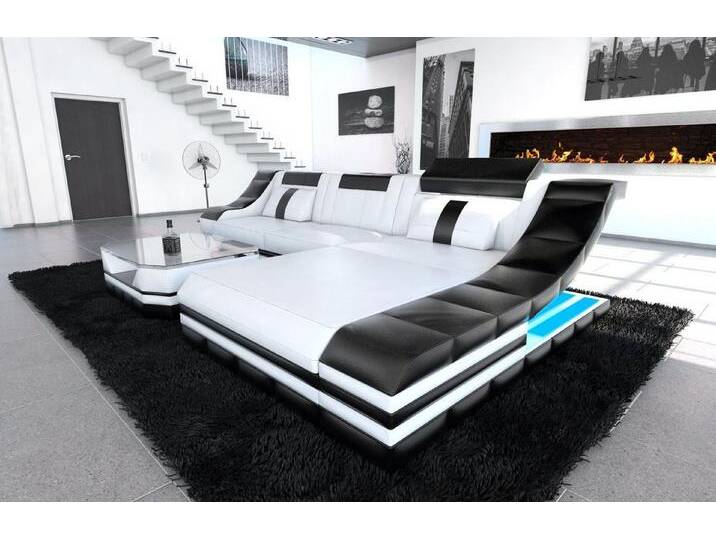 Sofa Dreams Ecksofa Ledercouch Sofa Leder Turino L Form Ledersofa, Couch, mit LED, Designersofa, schwarz weiß, Mit Bettfunktion-RGB-LED-Beleuchtung von sofa-dreams