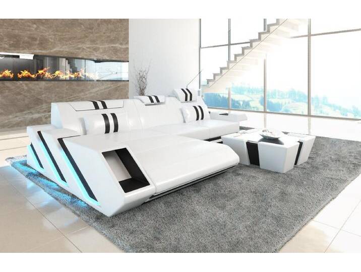 Sofa Dreams Ecksofa Ledersofa Apollonia L Form Leder Sofa Ledercouch, Couch, mit LED, Designersofa, schwarz weiß, Mit Bettfunktion-RGB-LED-Beleuchtung von sofa-dreams