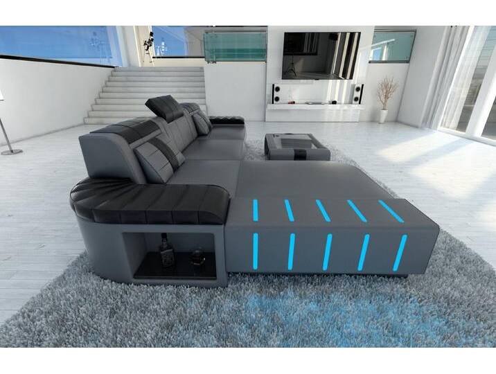 Sofa Dreams Ecksofa Ledersofa Bellagio L Form Leder Sofa Ledercouch, Couch, mit LED, Designersofa, grau schwarz, Ohne Bettfunktion-RGB-LED-Beleuchtung von sofa-dreams