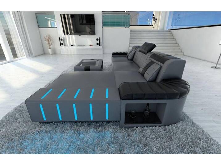 Sofa Dreams Ecksofa Ledersofa Bellagio L Form Leder Sofa Ledercouch, Couch, mit LED, Designersofa, grau schwarz, Ohne Bettfunktion-RGB-LED-Beleuchtung von sofa-dreams