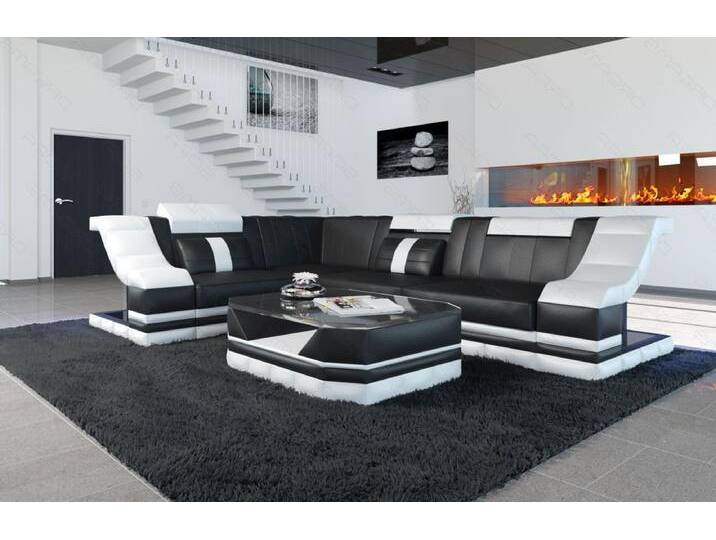 Sofa Dreams Ecksofa Ledersofa Bianchi L Form Mini, Designersofa, Sofa mit Beleuchtung und USB, schwarz, Schwarz-Weiss von sofa-dreams