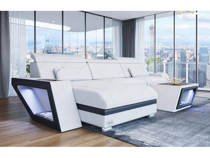 Sofa Dreams Ecksofa Ledersofa Couch Catania L Form Leder Sofa, mit LED, Designersofa, schwarz weiß, Mit Bettfunktion-RGB-LED-Beleuchtung, weiß-schwarz von sofa-dreams