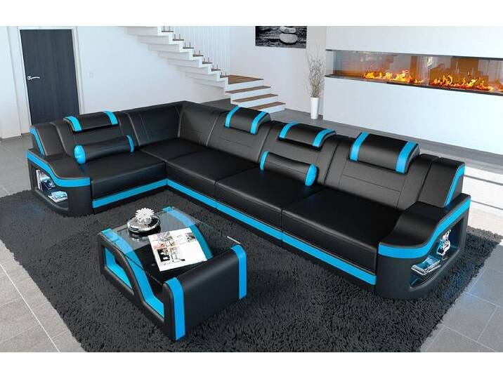 Sofa Dreams Ecksofa Ledersofa Padua L Form Ledercouch Leder Sofa, Couch, mit LED, Designersofa, blau schwarz, Mit Bettfunktion-RGB-LED-Beleuchtung von sofa-dreams