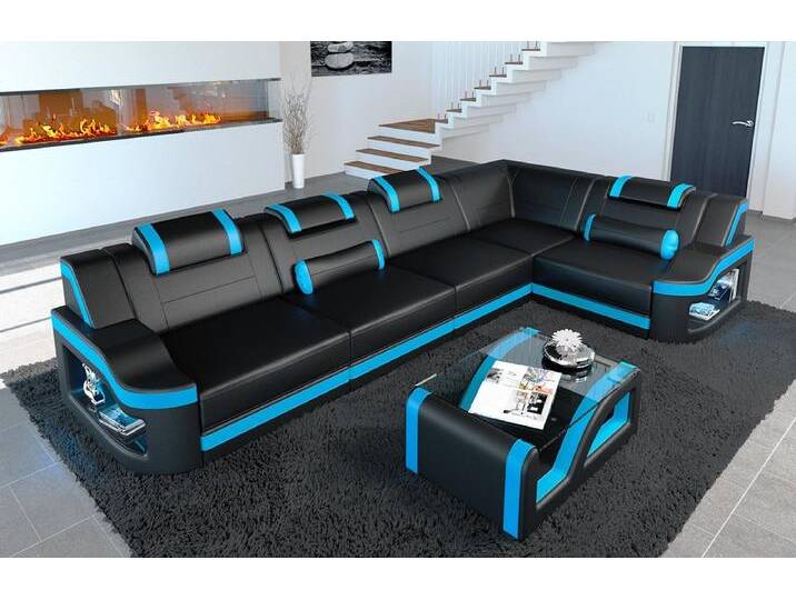 Sofa Dreams Ecksofa Ledersofa Padua L Form Ledercouch Leder Sofa, Couch, mit LED, Designersofa, blau schwarz, Mit Bettfunktion-RGB-LED-Beleuchtung von sofa-dreams