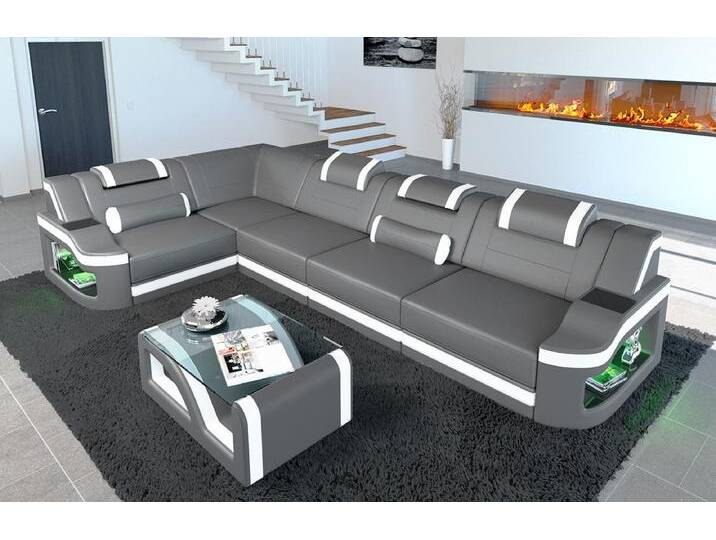 Sofa Dreams Ecksofa Ledersofa Padua L Form Ledercouch Leder Sofa, Couch, mit LED, Designersofa, grau, Mit Bettfunktion-RGB-LED-Beleuchtung, grau-weiß von sofa-dreams