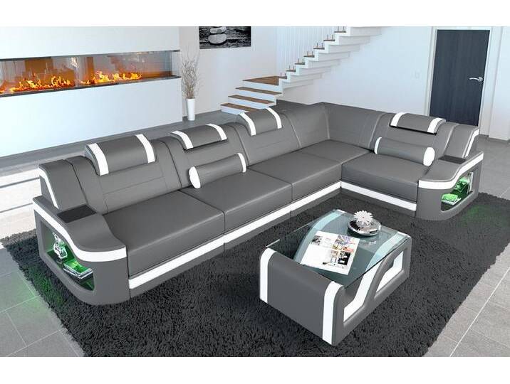 Sofa Dreams Ecksofa Ledersofa Padua L Form Ledercouch Leder Sofa, Couch, mit LED, Designersofa, grau, Ohne Bettfunktion-RGB-LED-Beleuchtung, grau-weiß von sofa-dreams