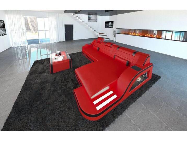 Sofa Dreams Ecksofa Ledersofa Palermo L Form Leder Sofa Leder, Couch, mit LED, Designersofa, rot schwarz, Mit Bettfunktion-RGB-LED-Beleuchtung von sofa-dreams