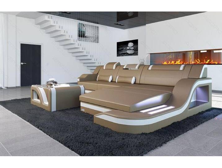 Sofa Dreams Ecksofa Ledersofa Palermo L Form Mini, Designersofa Couch, mit LED Licht & USB Anschluss, beige, Sandbeige-Weiss von sofa-dreams