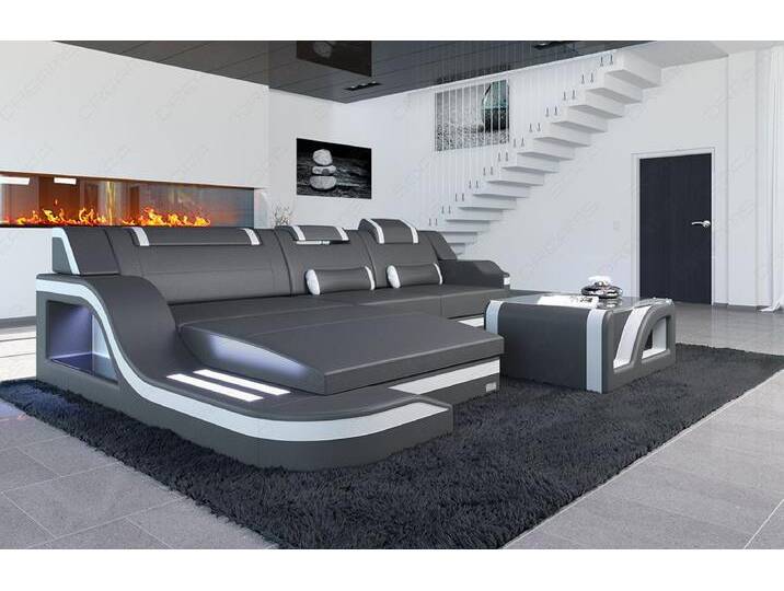 Sofa Dreams Ecksofa Ledersofa Palermo L Form Mini, Designersofa Couch, mit LED Licht & USB Anschluss, grau, Grau-Weiss von sofa-dreams
