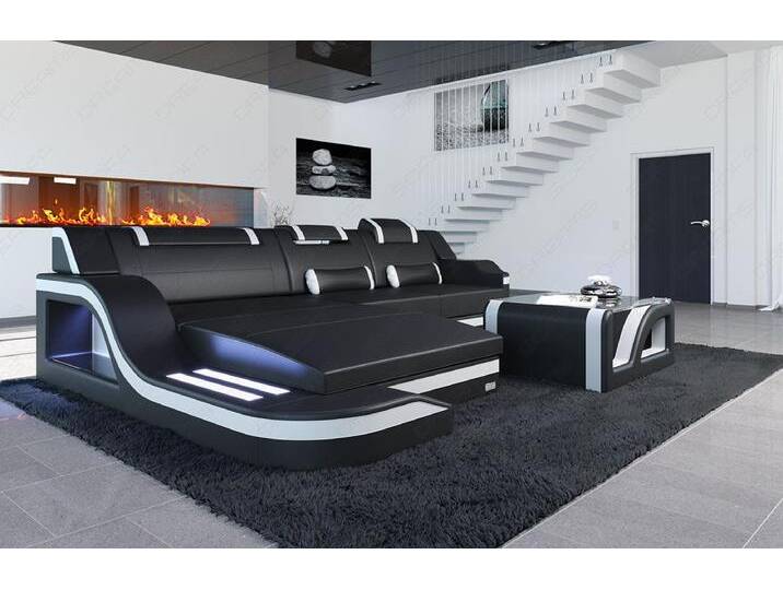 Sofa Dreams Ecksofa Ledersofa Palermo L Form Mini, Designersofa Couch, mit LED Licht & USB Anschluss, schwarz, Schwarz-Weiss von sofa-dreams