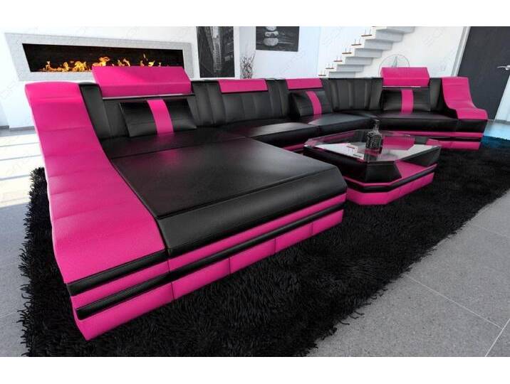 Sofa Dreams Ecksofa Ledersofa Turino Mini C Form, Designersofa, Sofa mit LED Licht und USB Anschluss, schwarz, Schwarz-Pink von sofa-dreams