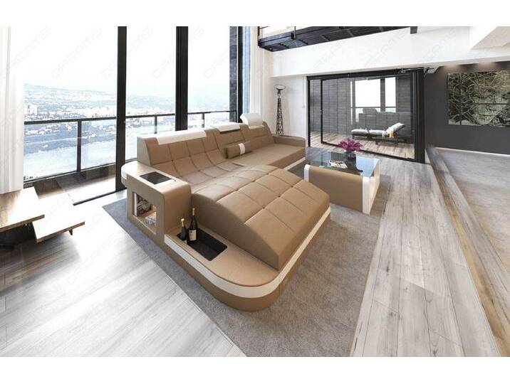 Sofa Dreams Ecksofa Ledersofa Wave Mini L Form, Designersofa, Sofa mit Licht und USB, beige, Sandbeige-Weiss von sofa-dreams