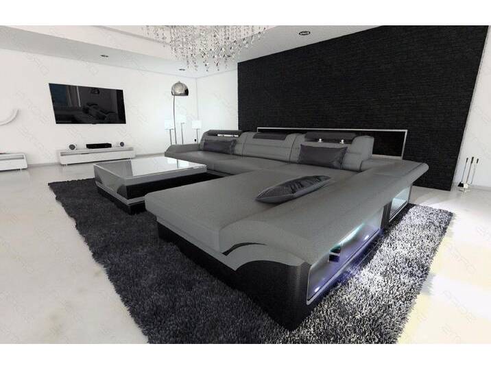 Sofa Dreams Ecksofa Monza L Form Mini Leder, Ottomane, 4-Sitzer, Design Couch, LED-Beleuchtung, viele Farben, grau schwarz, Grau-Schwarz von sofa-dreams