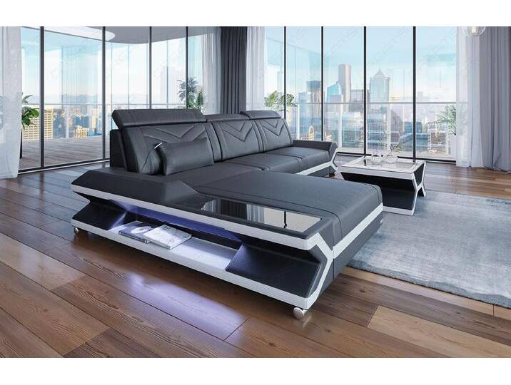 Sofa Dreams Ecksofa Napoli L Form Leder, Ottomane frei ausrichtbar, USB, opt. Bettfunktion, LED, 4-Sitzer, grau, Mit Bettfunktion, grau-weiß von sofa-dreams