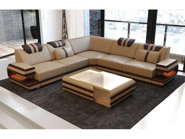 Sofa Dreams Ecksofa Ragusa L Form Leder, Couch, mit LED, Designersofa, beige braun goldfarben, sandbeige-braun von sofa-dreams