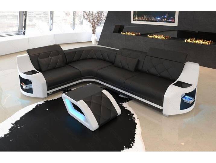 Sofa Dreams Ecksofa Sofa Genua Mini Leder L Form, Designersofa, Ledersofa mit Licht und USB, schwarz, Schwarz-Weiss von sofa-dreams