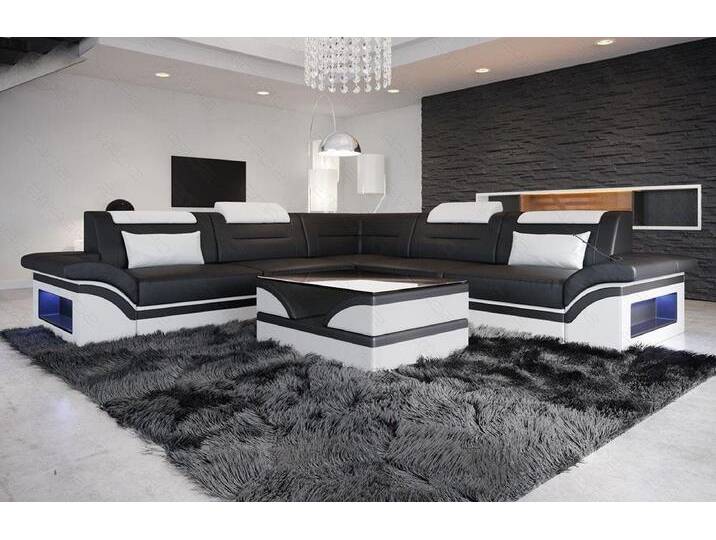 Sofa Dreams Ecksofa Sofa Leder Brianza L Form Ledersofa, Couch, mit LED, Designersofa, schwarz, Mit Bettfunktion-RGB-LED-Beleuchtung, schwarz-weiß von sofa-dreams