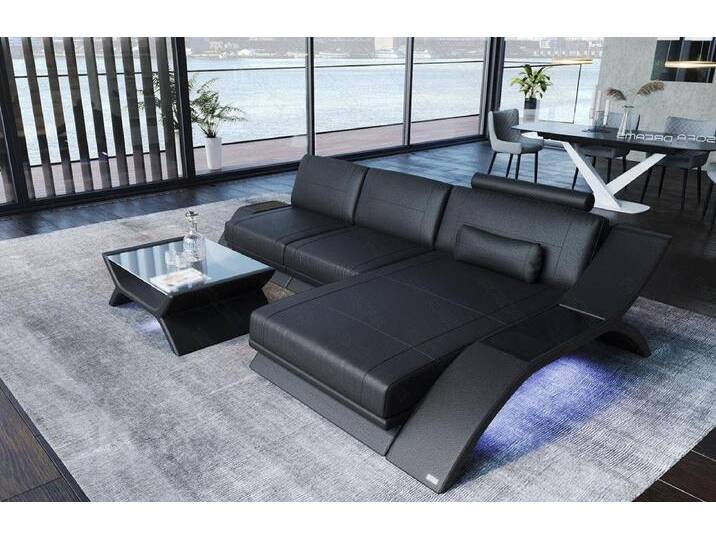 Sofa Dreams Ecksofa Sofa Leder Calabria L Form Ledersofa, Couch, mit LED Beleuchtung, USB Anschluss und Multifunktions-Console, schwarz, schwarz von sofa-dreams