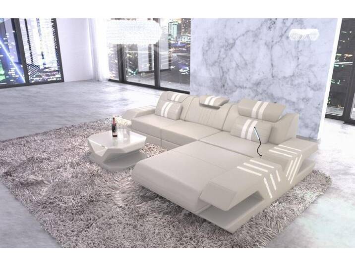 Sofa Dreams Ecksofa Sofa Leder Ledercouch Venedig L Form Ledersofa, Couch, mit LED, Designersofa, beige gelb, Mit Bettfunktion-RGB-LED-Beleuchtung von sofa-dreams