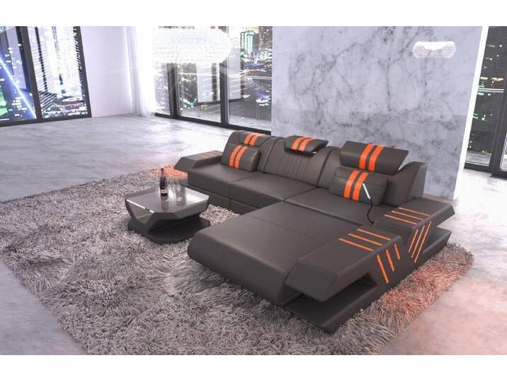 Sofa Dreams Ecksofa Sofa Leder Ledercouch Venedig L Form Ledersofa, Couch, mit LED, Designersofa, grau, Mit Bettfunktion-RGB-LED-Beleuchtung von sofa-dreams