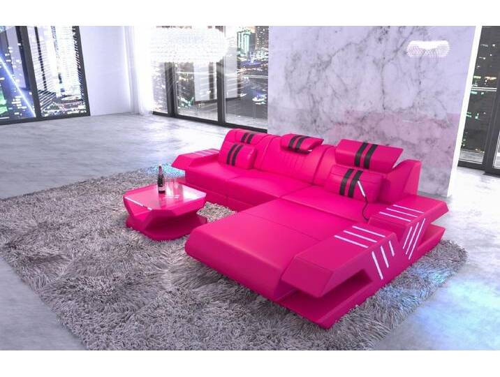 Sofa Dreams Ecksofa Sofa Leder Ledercouch Venedig L Form Ledersofa, Couch, mit LED, Designersofa, rosa schwarz, Mit Bettfunktion-RGB-LED-Beleuchtung von sofa-dreams