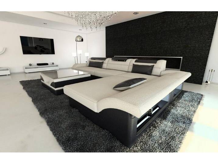 Sofa Dreams Ecksofa Stoffsofa Couch Stoff Polstersofa Monza L Form, mit LED, ausziehbare Bettfunktion, Designersofa, beige schwarz von sofa-dreams