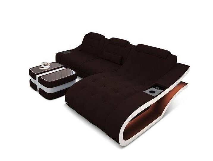 Sofa Dreams Ecksofa Stoffsofa Polster Couch Elegante M - L Form Stoff Sofa, mit LED, braun, Mit Bettfunktion-RGB-LED-Beleuchtung, mokka-weiß von sofa-dreams