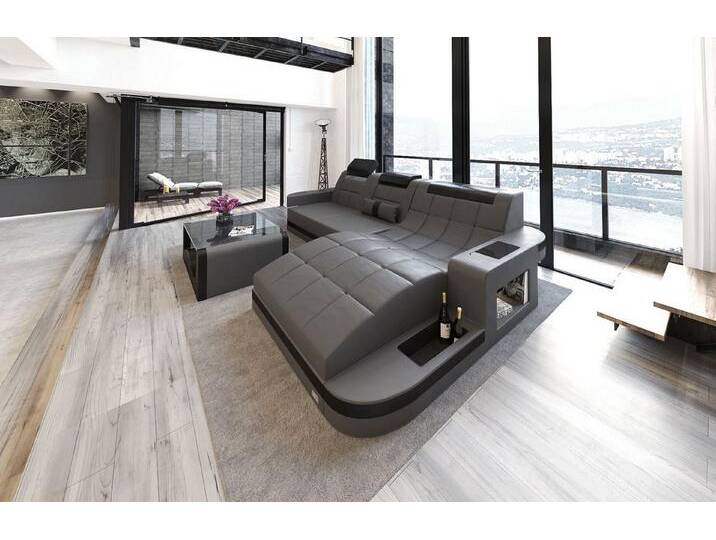 Sofa Dreams Ecksofa Wave L Form Ledersofa mit LED, viele Farben, 4-Sitzer, Ottomane, Leder, grau schwarz, Mit Schlaffunktion, grau-schwarz von sofa-dreams