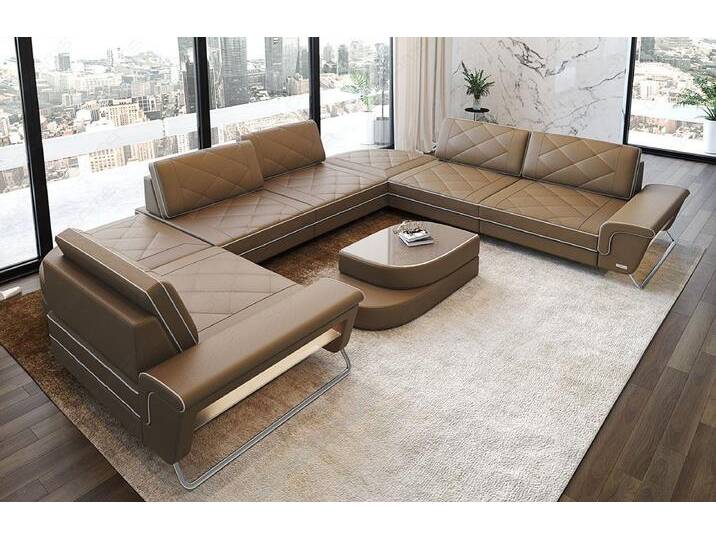 Sofa Dreams Sofa Design Ledersofa Rotello U Form Luxus Leder Sofa, beige bunt, Mit Multifunktionskonsole, sandbeige-weiß von sofa-dreams