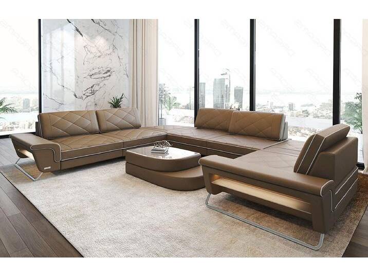 Sofa Dreams Sofa Design Ledersofa Rotello U Form Luxus Leder Sofa, beige bunt, Mit Multifunktionskonsole, sandbeige-weiß von sofa-dreams