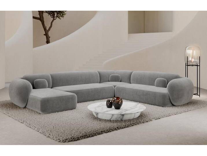 Sofa Dreams Wohnlandschaft Altea XXL Design Couch, 6-Sitzer, Polstersofa, Samtstoff Bezug in Hellgrau, Ottomane links, grau, Samt-Hellgrau von sofa-dreams