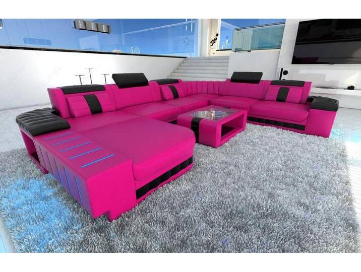 Sofa Dreams Wohnlandschaft Bellagio XXL Mini Leder, Designersofa, Couch, 6-Sitzer, LED-Beleuchtung, Sofa, Ottomane - Ausrichtung wählbar, rosa schwarz von sofa-dreams