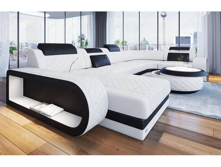 Sofa Dreams Wohnlandschaft Berlin U Form Mini Leder, Designersof, 6-Sitzer, LED-Beleuchtung, Couch, Kopfstützen, USB-Anschluss, Ottomane, schwarz weiß von sofa-dreams