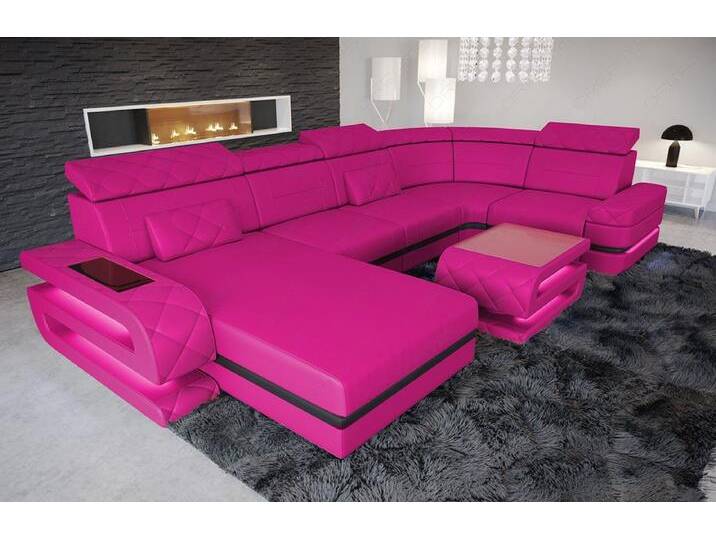 Sofa Dreams Wohnlandschaft Bologna U Form Leder, Ottomane, USB, verstellbare Kopfstützen, rosa schwarz, Ohne Bettfunktion-RGB-LED-Beleuchtung von sofa-dreams