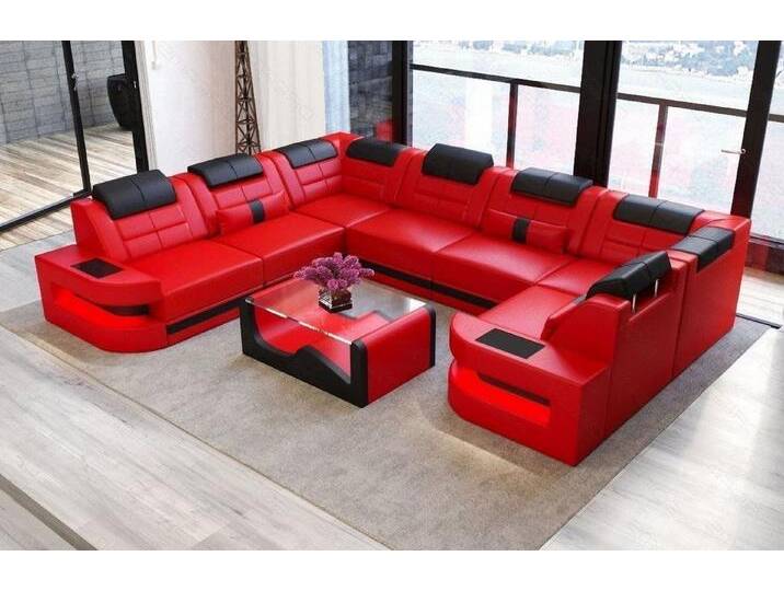 Sofa Dreams Wohnlandschaft Como U Form Leder, Couch, Couch, LED-Beleuchtung, Breite 338cm, Zierkissen, USB, rot schwarz, Mit Schlaffunktion Sofa Dreams Wohnlandschaft Como U Form Leder, Couch, Couch, LED-Beleuchtung, Breite 338cm, Zierkissen, USB, rot schwarz, Mit Schlaffunktion von sofa-dreams