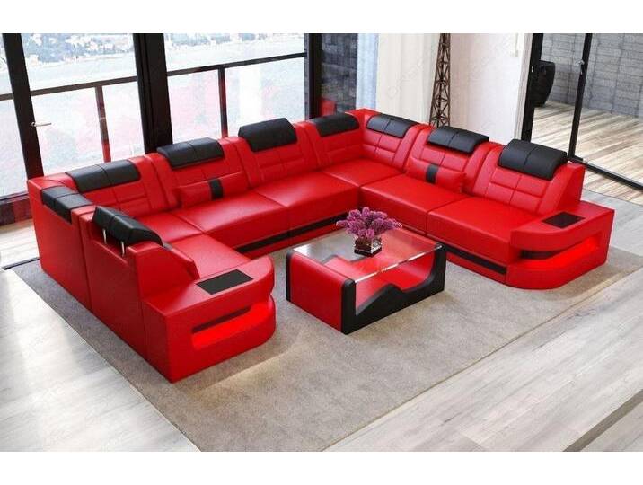 Sofa Dreams Wohnlandschaft Como U Form Leder, Couch, Couch, LED-Beleuchtung, Breite 338cm, Zierkissen, USB, rot schwarz, Ohne Schlaffunktion von sofa-dreams