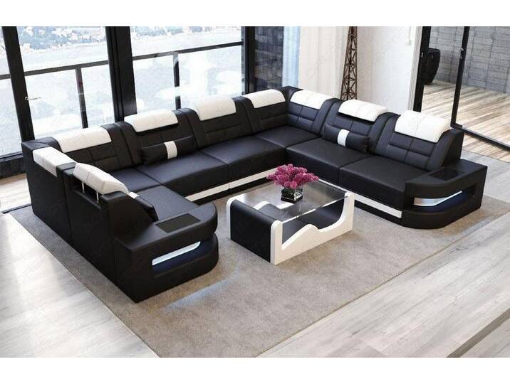Sofa Dreams Wohnlandschaft Como U Form Leder, Couch, Couch, LED-Beleuchtung, Breite 338cm, Zierkissen, USB, schwarz, Mit Schlaffunktion, schwarz-weiß von sofa-dreams