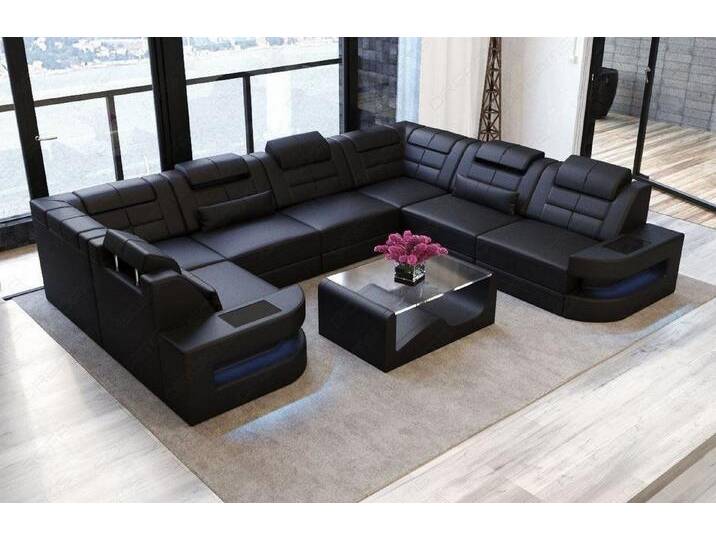 Sofa Dreams Wohnlandschaft Como U Form Leder, Couch, Couch, LED-Beleuchtung, Breite 338cm, Zierkissen, USB, schwarz, Ohne Schlaffunktion, schwarz von sofa-dreams