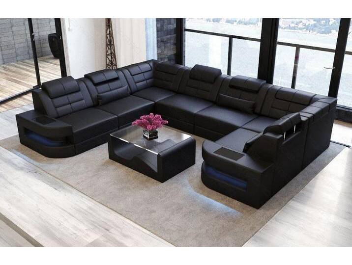 Sofa Dreams Wohnlandschaft Como U Form Leder, Couch, Couch, LED-Beleuchtung, Breite 338cm, Zierkissen, USB, schwarz, Ohne Schlaffunktion, schwarz von sofa-dreams
