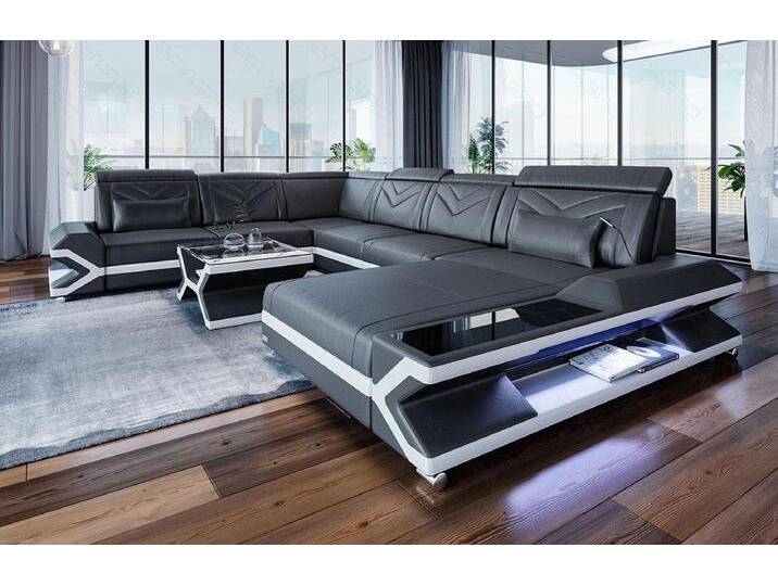 Sofa Dreams Wohnlandschaft Couch Leder Sofa Napoli XXL U Form Ledersofa, mit LED, Designersofa, grau, Ohne Bettfunktion-RGB-LED-Beleuchtung, grau-weiß von sofa-dreams