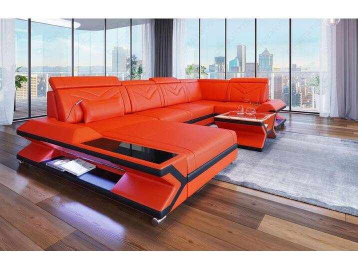 Sofa Dreams Wohnlandschaft Couch Ledersofa Napoli U Form Leder Sofa, mit LED, Designersofa, orange schwarz, Ohne Bettfunktion-RGB-LED-Beleuchtung von sofa-dreams