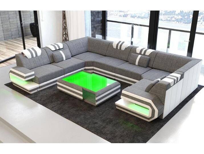 Sofa Dreams Wohnlandschaft Design Polster Stoff Sofa Ragusa U Form H Strukturstoff Stoffsofa, grau, Mit Hocker, grau-weiß von sofa-dreams